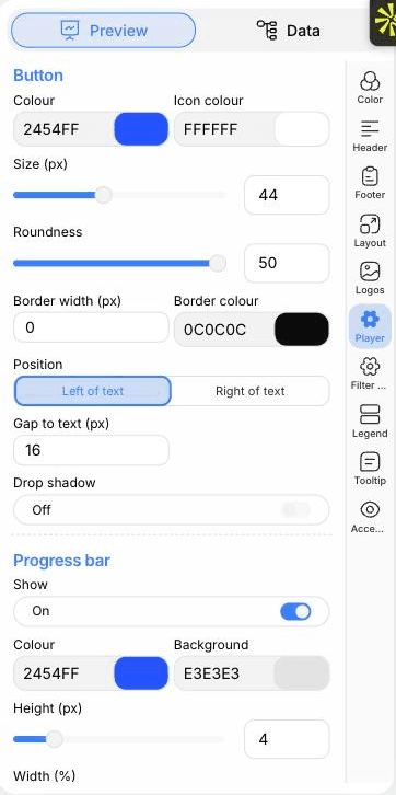 Der PlotSet-Editor im Tab "Preview": ein fertiges Diagramm vom Typ "Audio Player" auf der Arbeitsfläche und der rot umrandete Einstellungsbereich am rechten Rand.