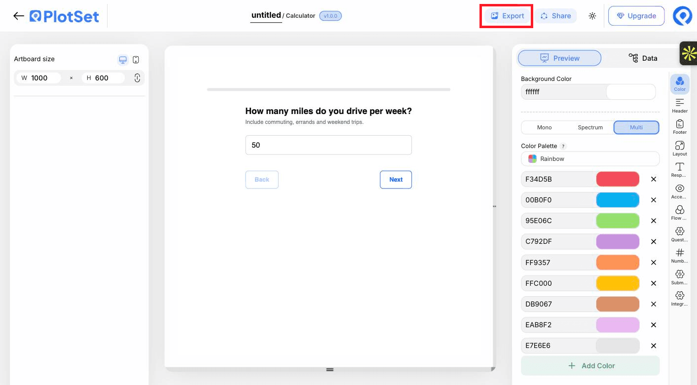 The PlotSet editor toolbar with the Export button highlighted.