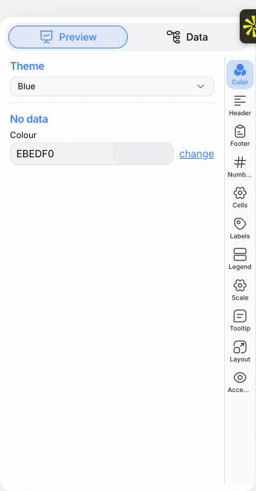 The PlotSet editor on the Preview tab: a finished Calendar Heatmap on the canvas, with the settings panel outlined in red down the right-hand side.