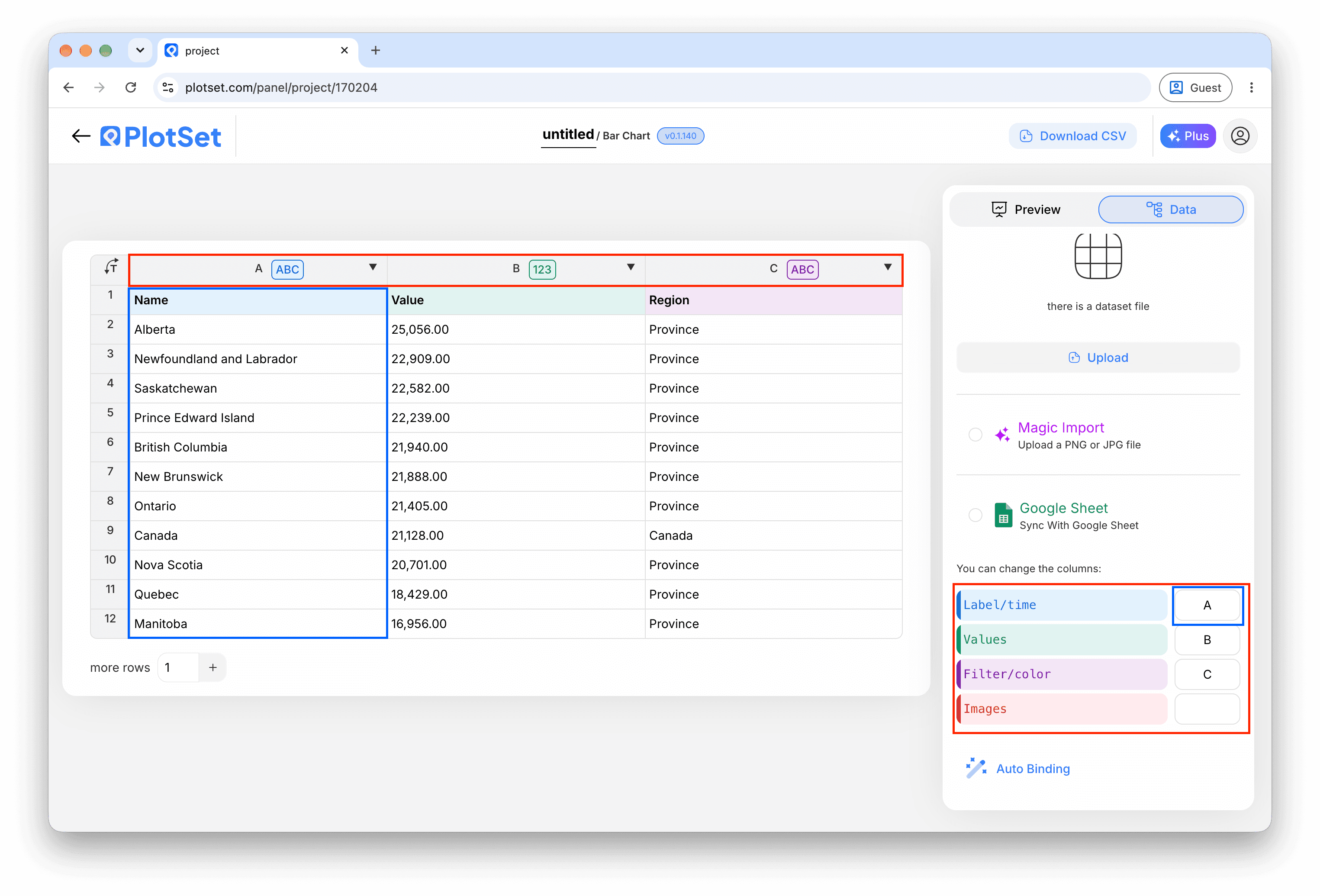 The PlotSet data panel with the column bindings highlighted: Label/time mapped to column A, Values to column B and Filter/color to column C, with the Auto Binding button below.
