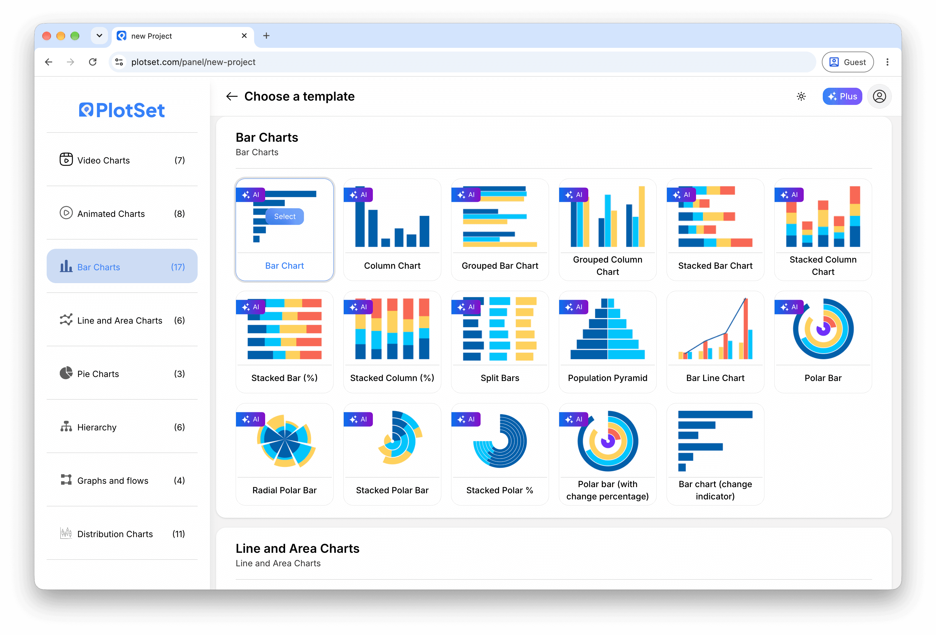 PlotSet's template picker: chart categories listed down the left, the Bar Charts grid open, and the Bar Chart template card showing its Select button.