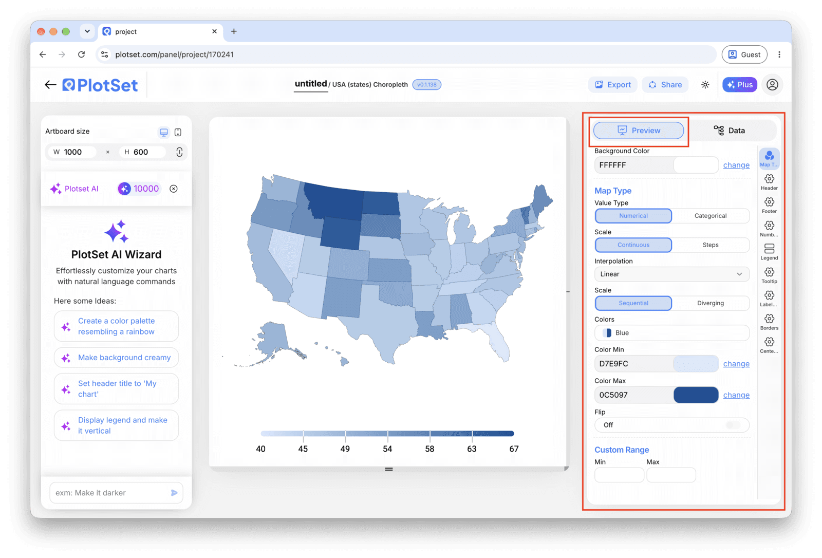 The PlotSet editor on the Preview tab: a finished Choropleth Map on the canvas, with the settings panel outlined in red down the right-hand side.