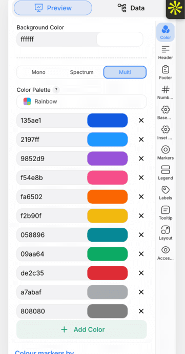 The PlotSet editor on the Preview tab: a finished Marker Map on the canvas, with the settings panel outlined in red down the right-hand side.