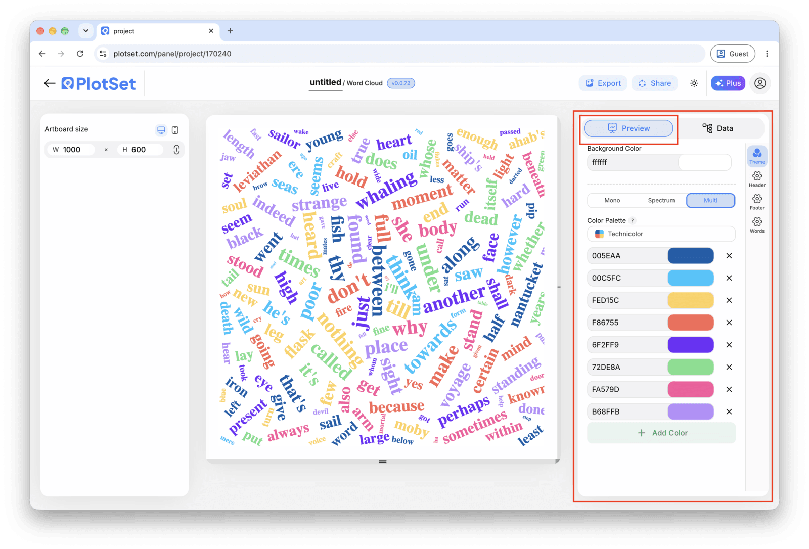 The PlotSet editor on the Preview tab: a finished Word Cloud on the canvas, with the settings panel outlined in red down the right-hand side.